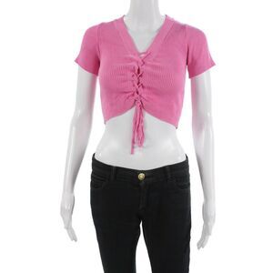 Gab kate Women Cropped V-Neck Lace Up Pink Short Sleeve Top Size S